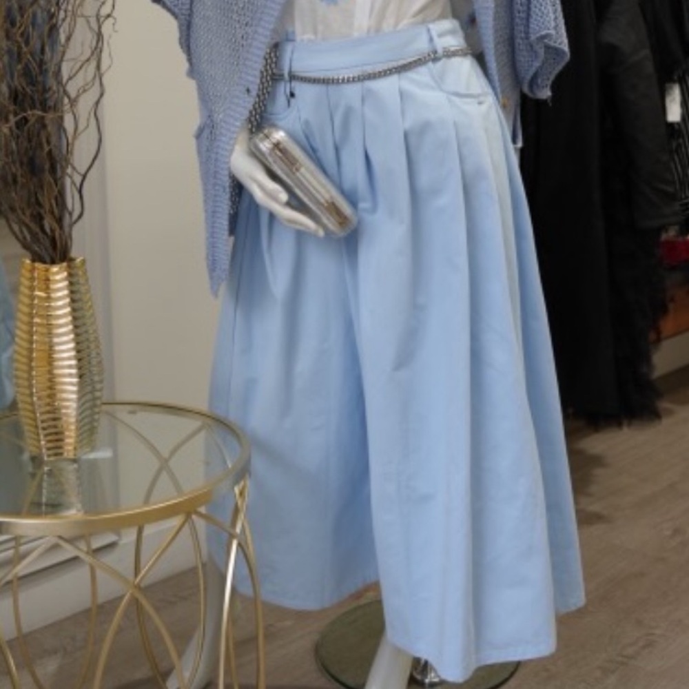 Source Unknown Powder Blue A-Line Midi Skirt with Pleated Front